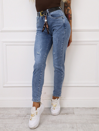 SPODNIE JEANSOWE TYPU MOM FIT ZE ZDOBIONĄ KIESZENIĄ + PASEK