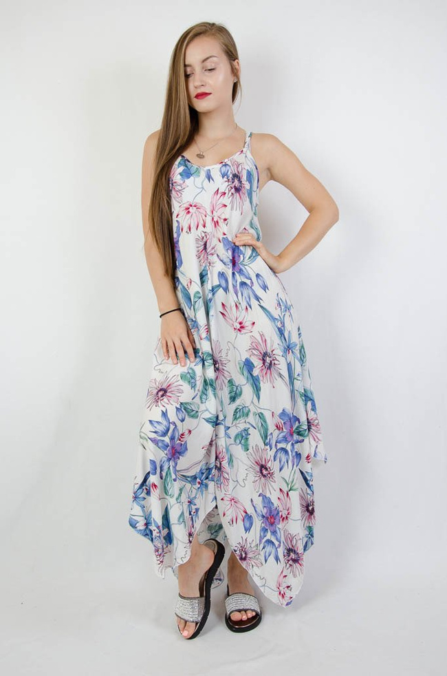 BIAŁA ASYMETRYCZNA SUKIENKA W KOLOROWE KWIATY