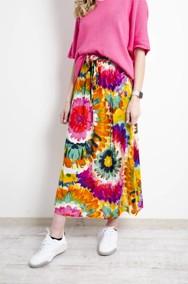 SPÓDNICA MAXI WZORZYSTA W KWIATY WIĄZANA W PASIE- POMARAŃCZOWA