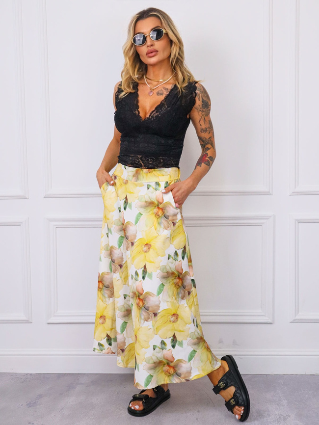 SPÓDNICA MIDI W KWIATY- ŻÓŁTA