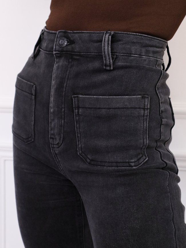 SPODNIE JEANSOWE DZWONY FLARE Z KIESZENIAMI Z PRZODU- CIEMNOSZARE