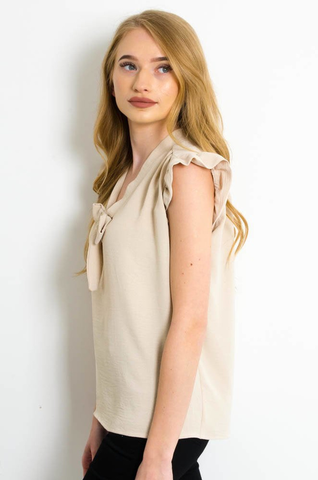 BEŻOWA ELEGANCKA BLUZKA KOSZULOWA Z WIĄZANIEM