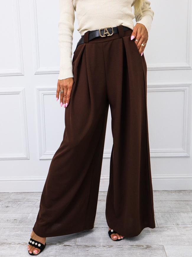 SPODNIE MATERIAŁOWE Z SZEROKIMI NOGAWKAMI+ PASEK- BRĄZOWE
