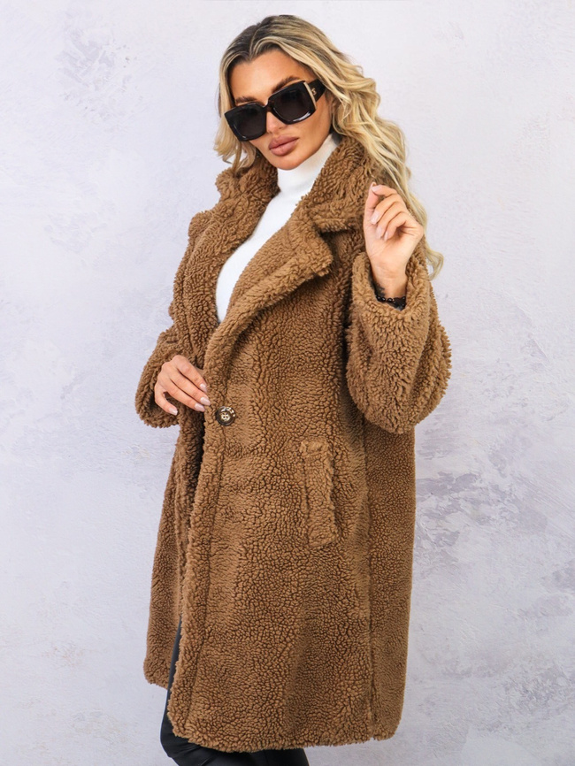 CIEMNOBRĄZOWY PLUSZOWY PŁASZCZ Z KOŁNIERZEM