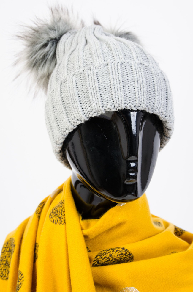 SZARA ZIMOWA CZAPKA Z DWOMA POMPONAMI