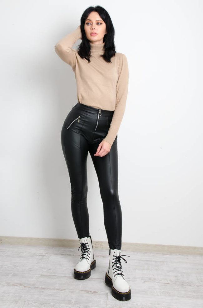 CZARNE WOSKOWANE LEGGINSY Z PRZESZYCIAMI- WYSOKI STAN