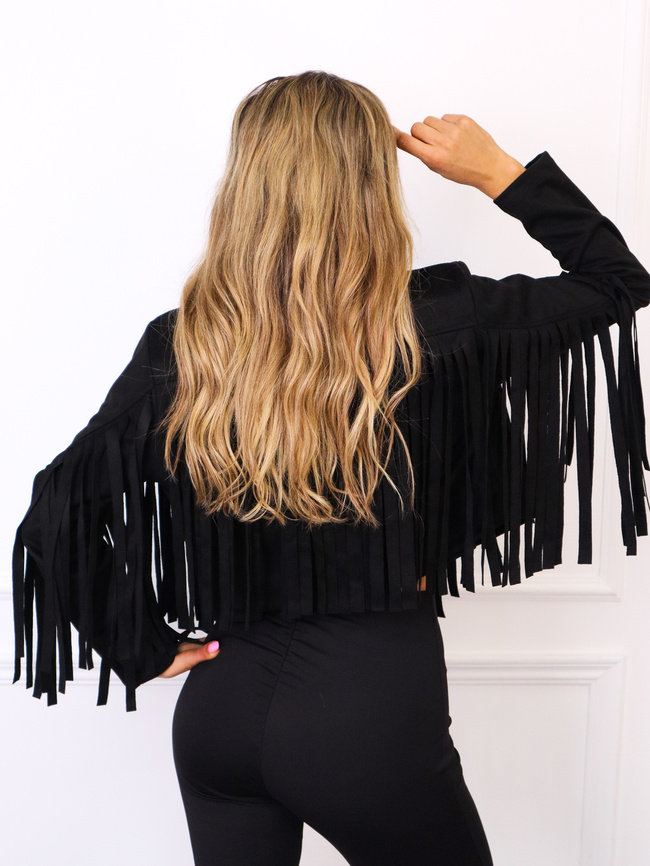 KURTKA Z IMITACJI ZAMSZU Z FRĘDZLAMI- CZARNA