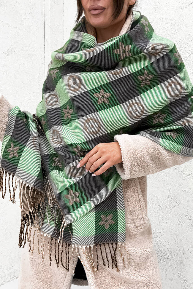 SZAL W KRATE Z MOTYWEM KWIATA Z FRĘDZLAMI- ZIELONY