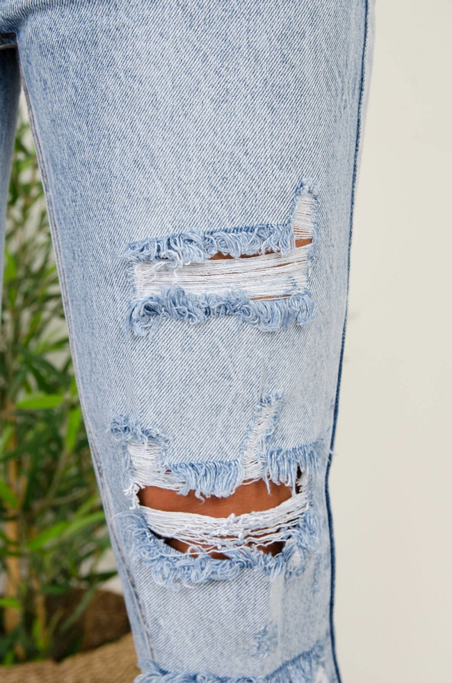 JASNE JEANSY MOM FIT Z DZIURAMI -WYSOKI STAN