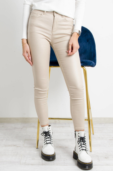 BEŻOWE WOSKOWANE SPODNIE Z WYSOKIM STANEM- OCIEPLANE