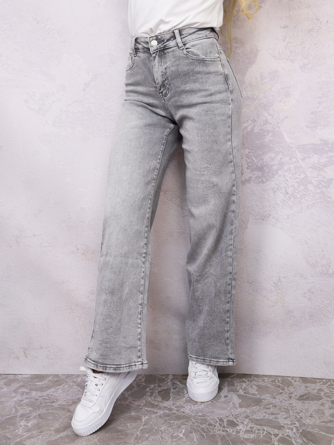 SPODNIE JEANSOWE Z SZEROKĄ NOGAWKĄ I WYSOKIM STANEM- SZARE