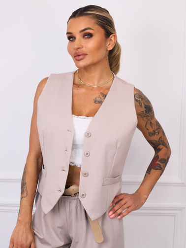 KOMPLET KAMIZELKA+ SPODNIE Z SZEROKIMI NOGAWKAMI I PASKIEM- BEŻOWY