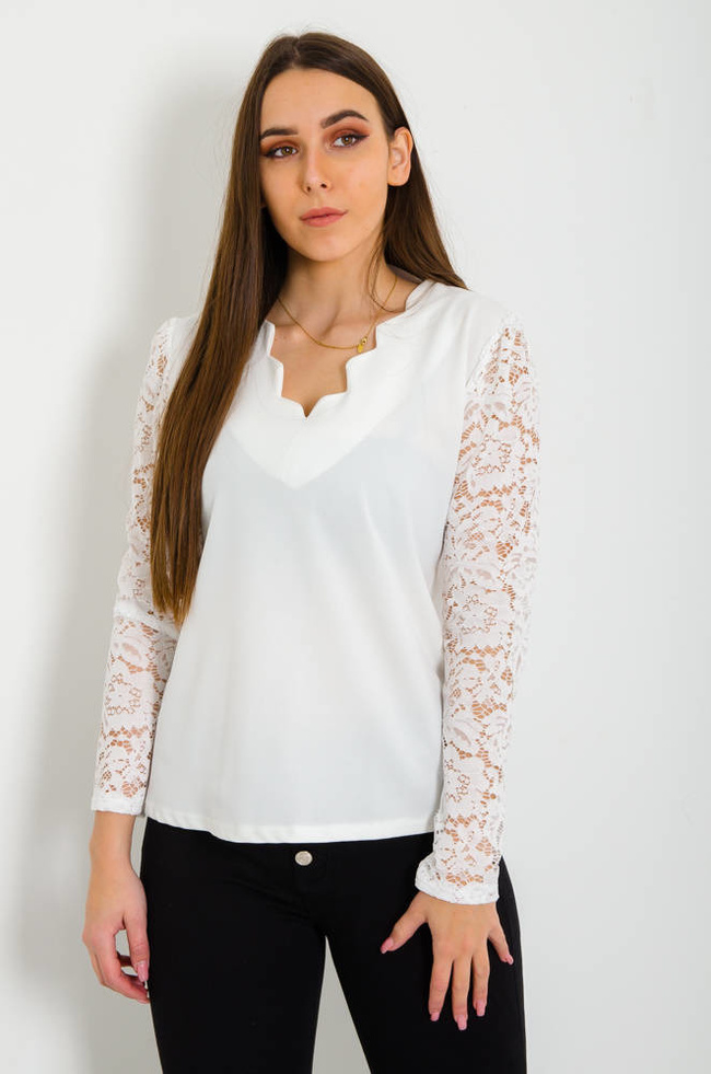 BIAŁA ELEGANCKA BLUZKA Z KORONKOWYMI RĘKAWAMI 