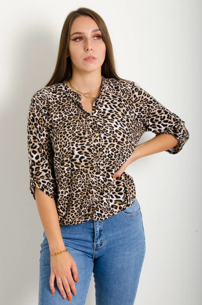 BLUZKA W PANTERKĘ Z OZDOBNYMI GUZIKAM- BRĄZOWA