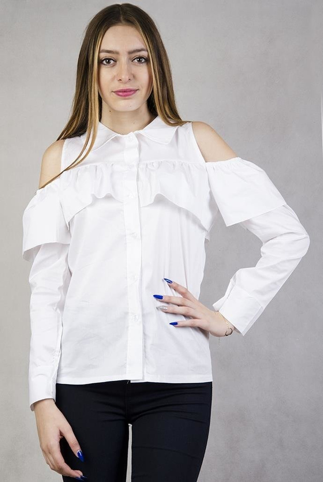 Biała koszula z falbaną i odkrytymi ramionami
