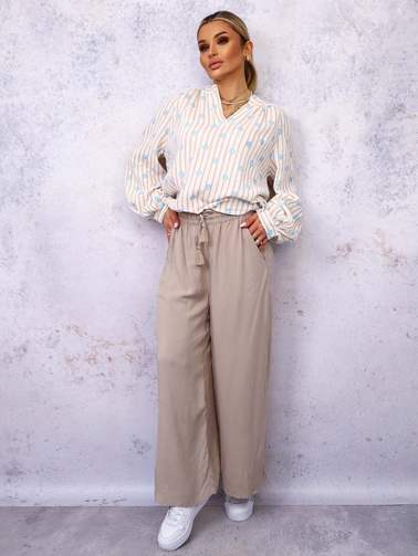 SPODNIE MATERIAŁOWE Z SZEROKIMI NOGAWKAMI- BEŻOWE