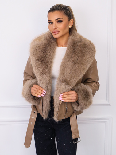 KURTKA Z EKO SKÓRY Z ODPINANYM FUTERKIEM- BEŻOWA