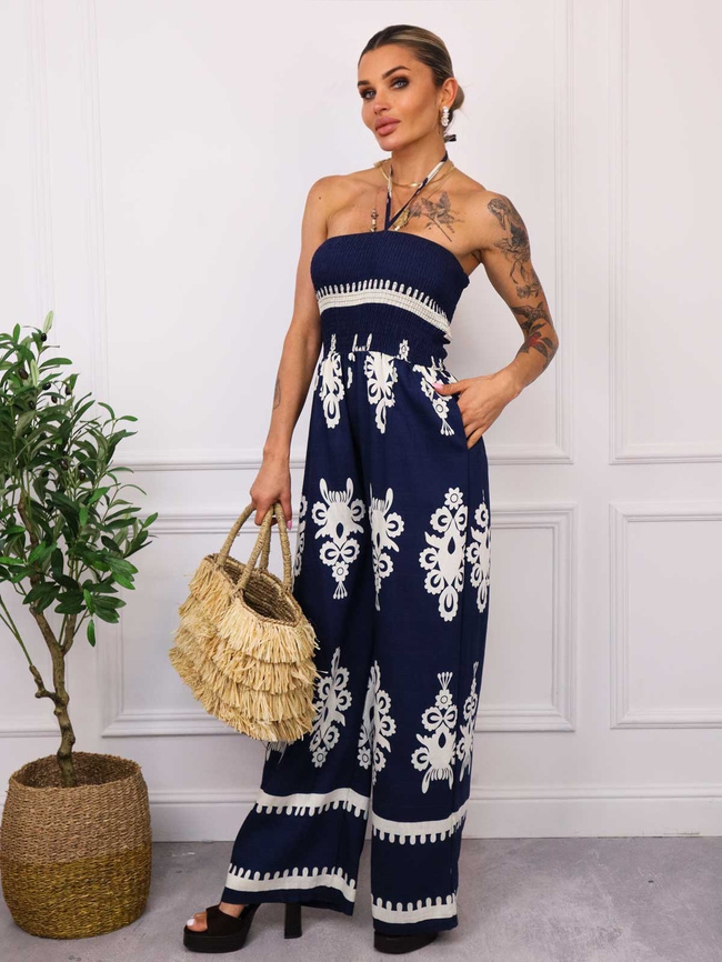 KOMBINEZON WZORZYSTY BEZ RAMIĄCZEK- GRANATOWY