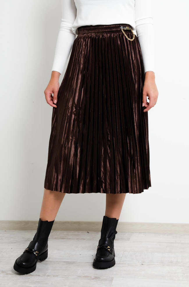 BRĄZOWA WELUROWA SPÓDNICA Z OZDOBNYM ŁAŃCUSZKIEM