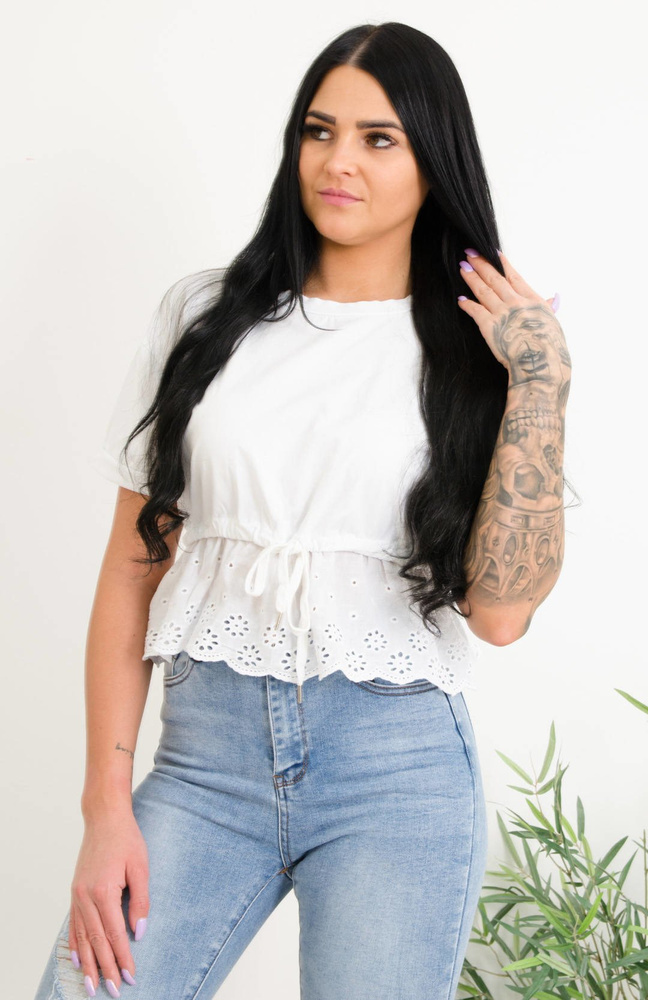 BIAŁA BLUZKA Z WIĄZANIEM ORAZ AŻUROWYM DOŁEM