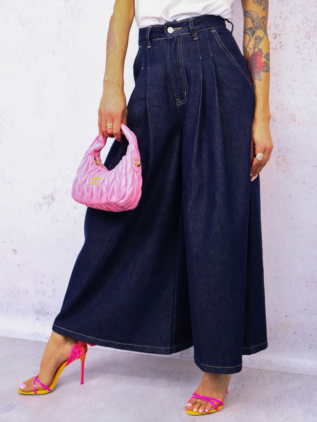 SPODNIE JEANSOWE Z BARDZO SZEROKIMI NOGAWKAMI- CIEMNY JEANS