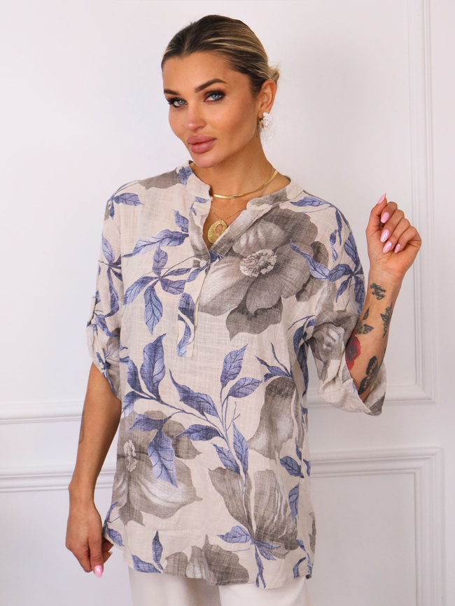 KOSZULA WZORZYSTA Z LNEM- BEŻOWA