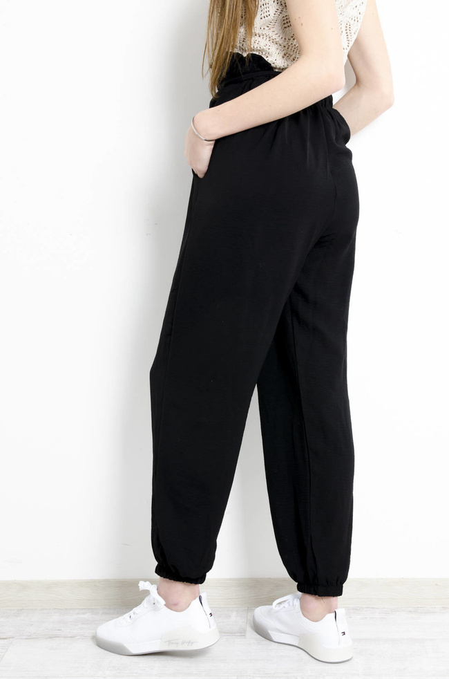 SPODNIE MATRIAŁOWE WIĄZANE W PASIE CZARNE