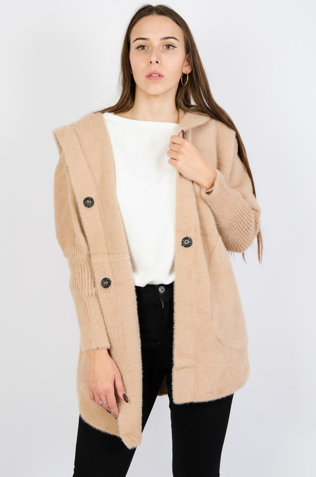 Beżowy włochaty płaszcz z kapturem 