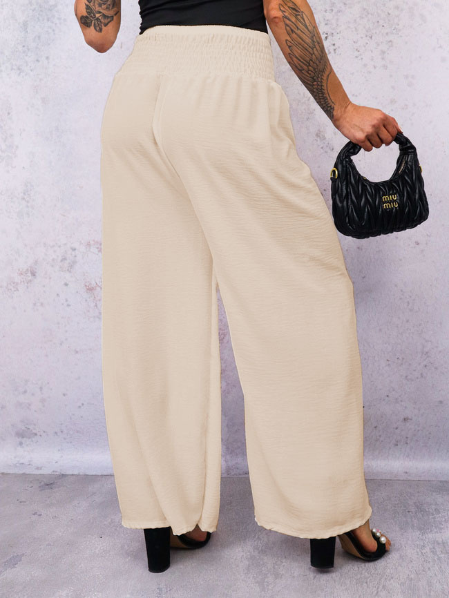 SPODNIE MATERIAŁOWE Z SZEROKIMI NOGAWKAMI I GUMĄ W PASIE- BEŻOWE