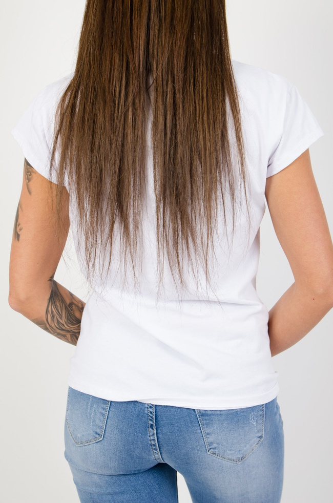 Biały t-shirt z aplikacją butelki perfum