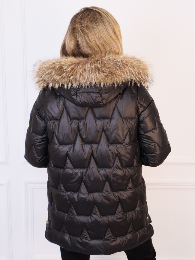KURTKA Z FUTERKIEM PIKOWANA Z ZAMKAMI PO BOKACH- CZARNA