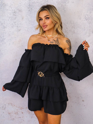 KOMBINEZON HISZPANKA Z FALBANAMI I PASKIEM- CZARNY