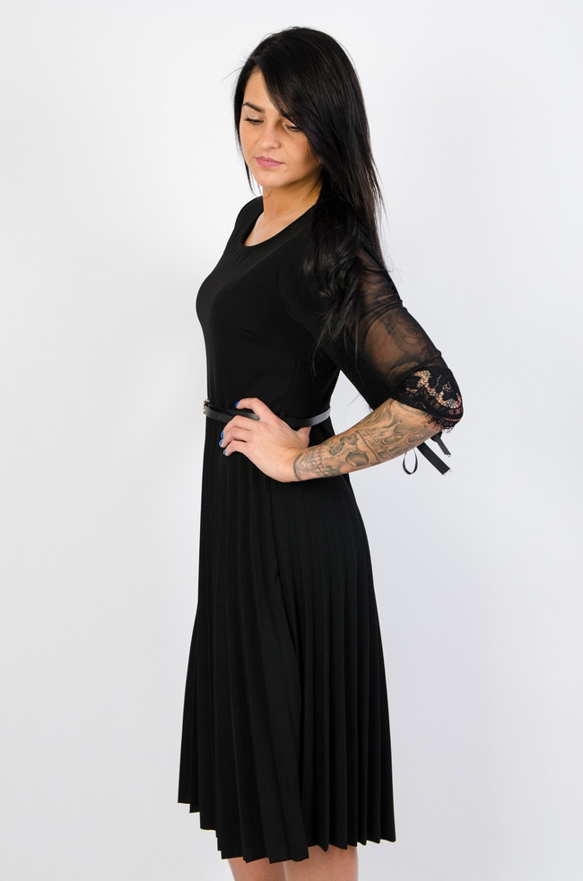 CZARNA SUKIENKA MIDI Z PLISOWANYM DOŁEM + PASEK