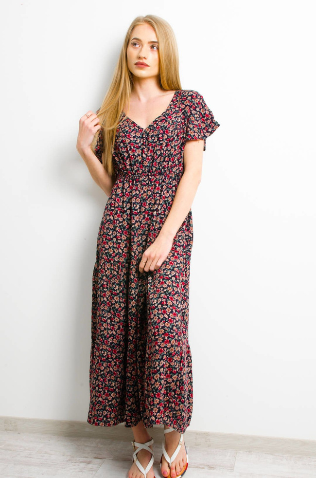 DŁUGA GRANATOWA SUKIENKA W KWIATY- DEKOLT W SEREK