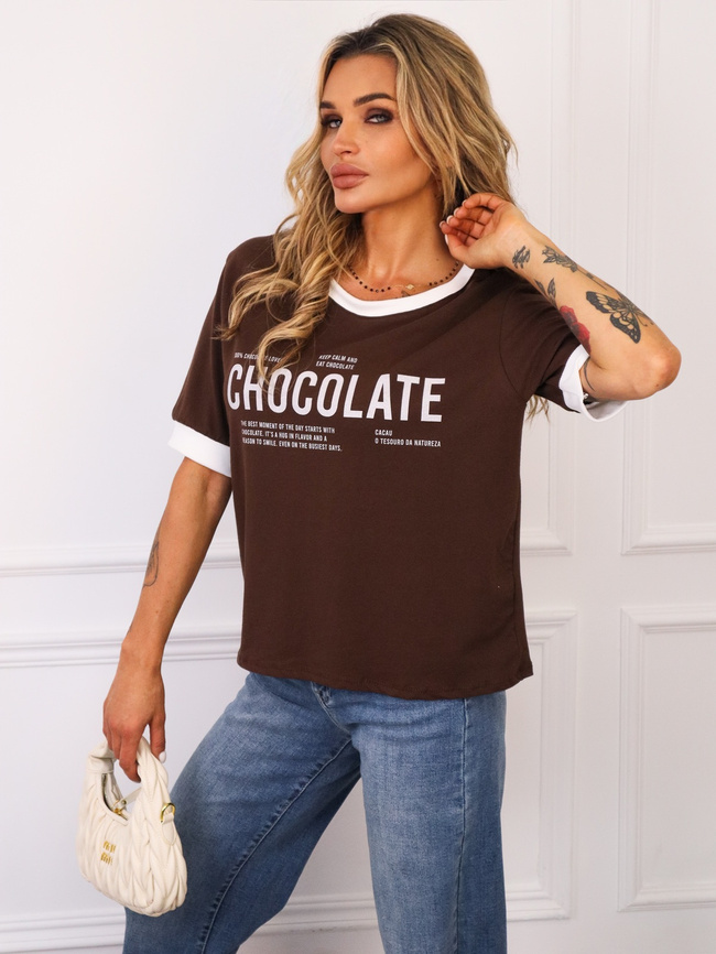 BLUZKA BAWEŁNIANA Z NAPISEM CHOCOLATE- BRĄZOWA
