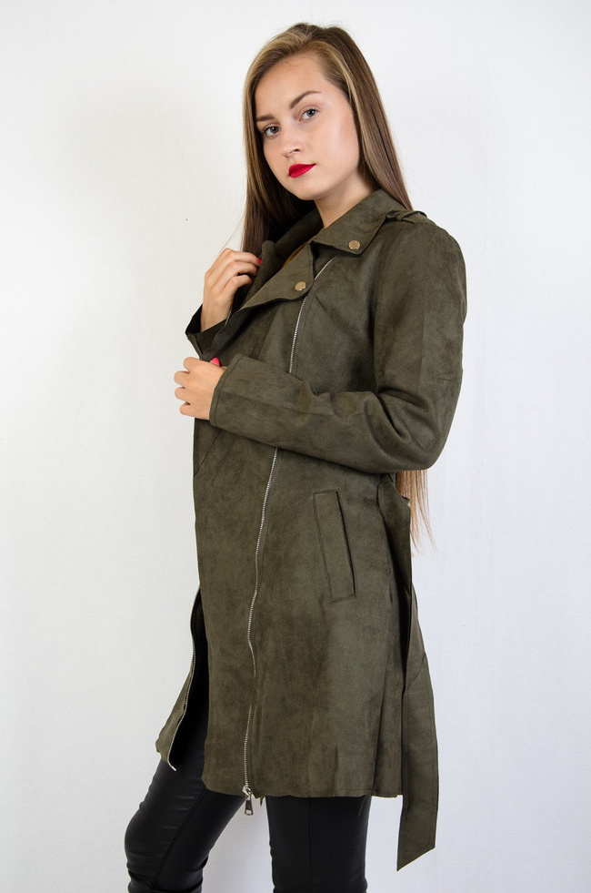 Zielony zamszowy płaszcz zapinany na zamek