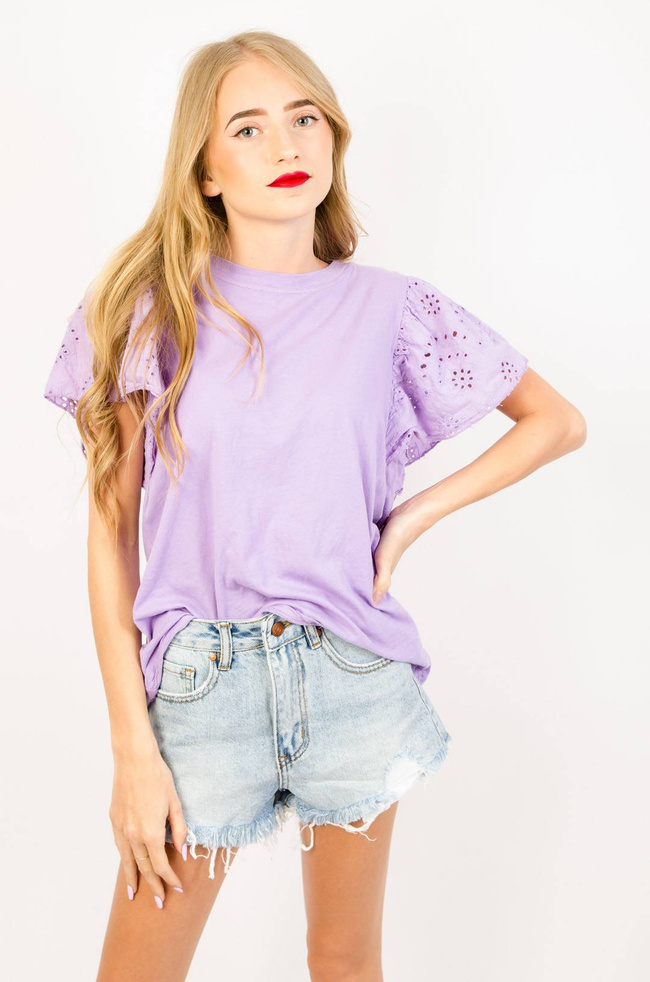 FIOLETOWA BAWEŁNIANA BLUZKA Z AŻUROWYMI RĘKAWAMI