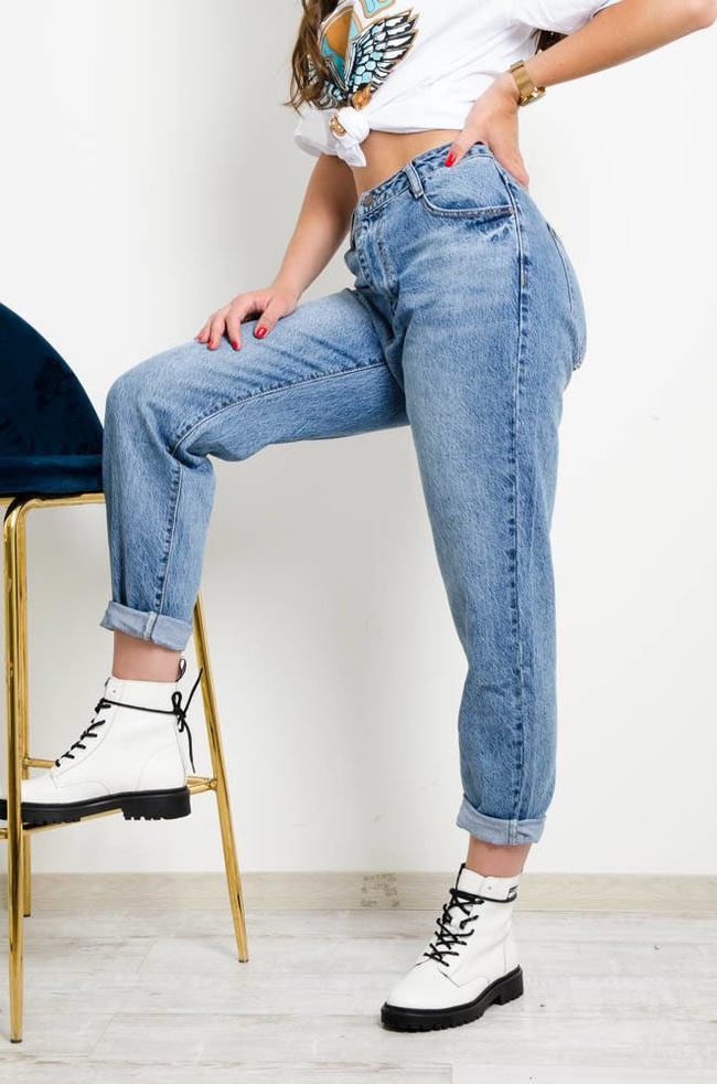 SPODNIE JEANSOWE MOM FIT BEZ PRZETARĆ-WYSOKI STAN