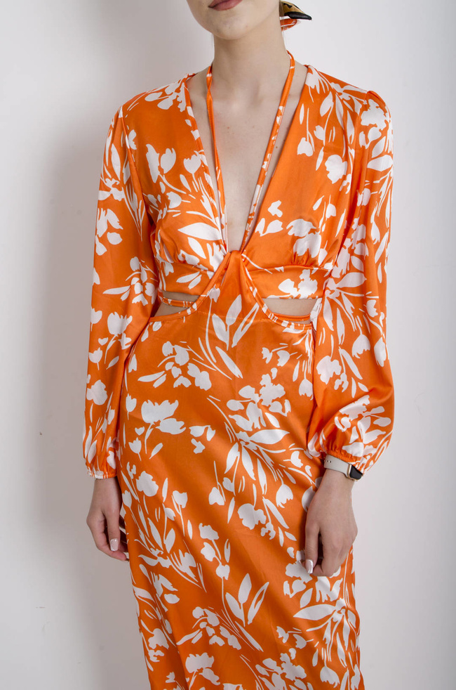 SUKIENKA POMARAŃCZOWA W KWIATY Z WYCIĘCIEM