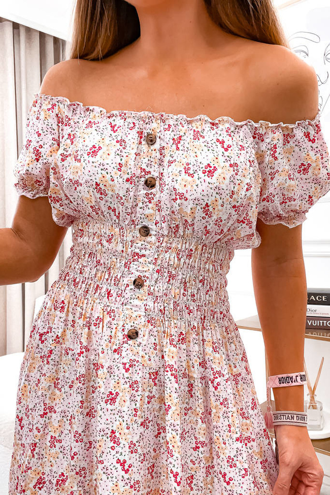 SUKIENKA HISZPANKA MIDI W KWIATY Z GUMĄ W PASIE I GUZIKAMI- BIAŁA