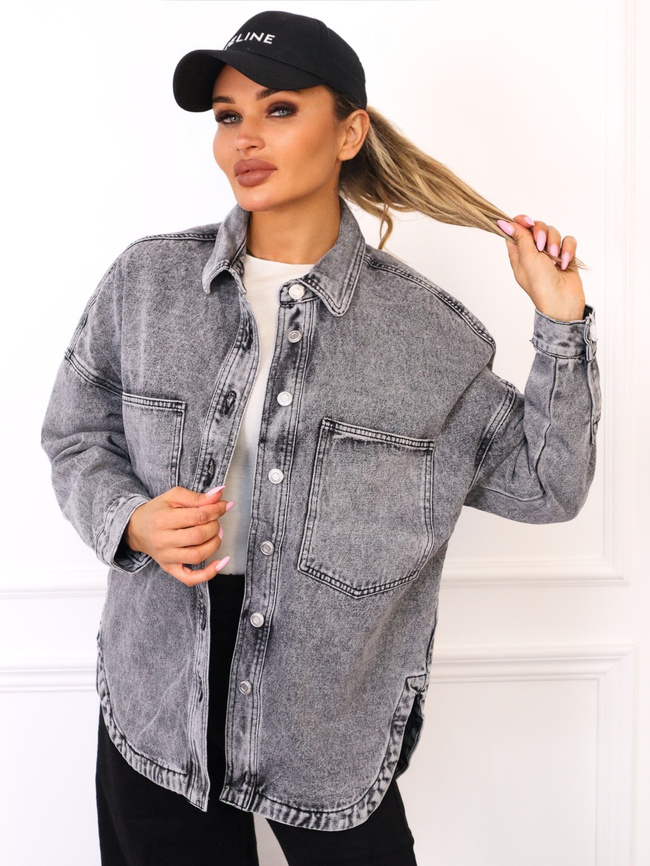 KOSZULA JEANSOWA Z KIESZENIAMI ZAPINANA NA GUZIKI- SZARA