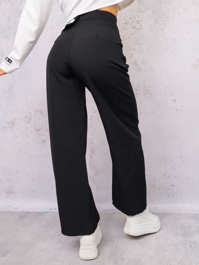 SPODNIE MATERIAŁOWE ELEGANCKIE Z MANKIETEM W PASIE- CZARNE