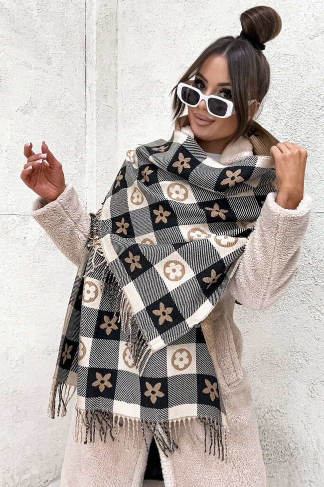 SZAL W KRATE Z MOTYWEM KWIATA Z FRĘDZLAMI- BEŻOWY