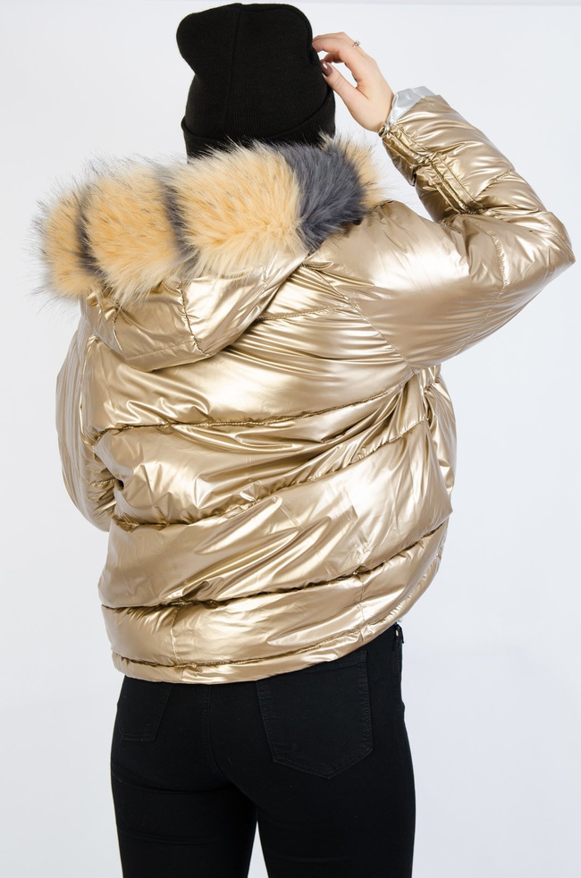 Złota metaliczna bomberka z dwukolorowym futerkiem