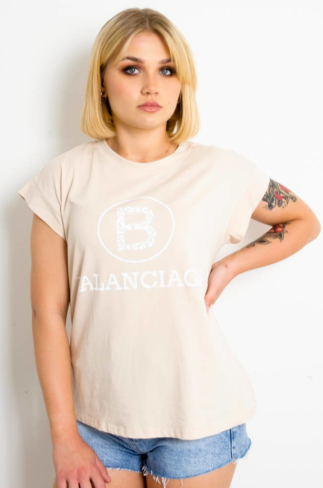 BEŻOWY T-SHIRT Z NAPISEM BALANCIAGA