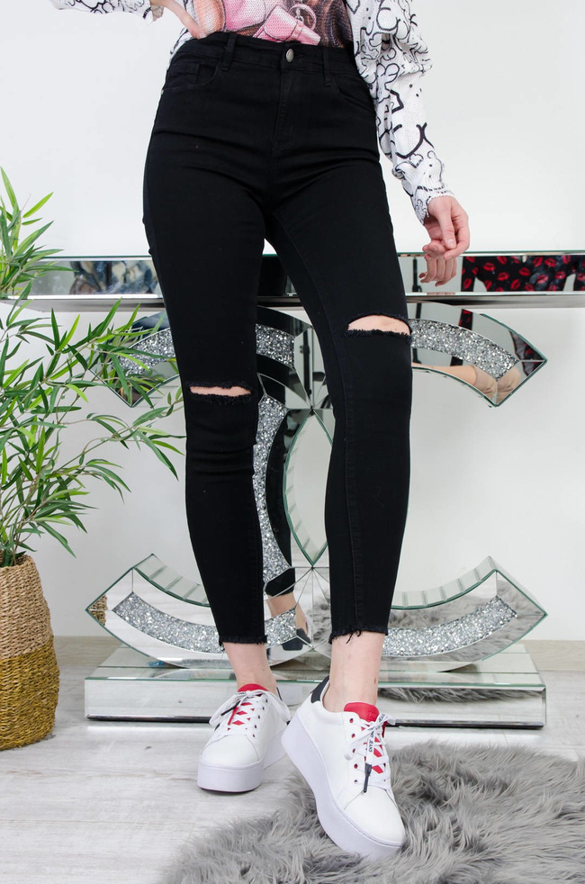 CZARNE SPODNIE SKINNY Z ROZCIĘCIAMI NA KOLANACH- WYSOKI STAN