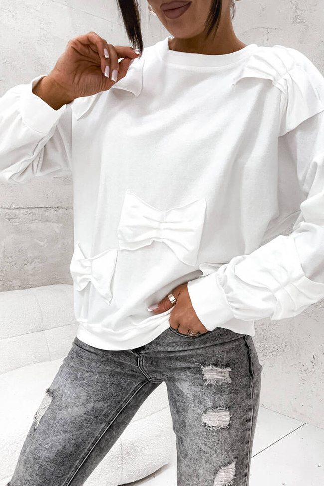 BLUZA Z OZDOBNYMI KOKARDAMI- BIAŁA