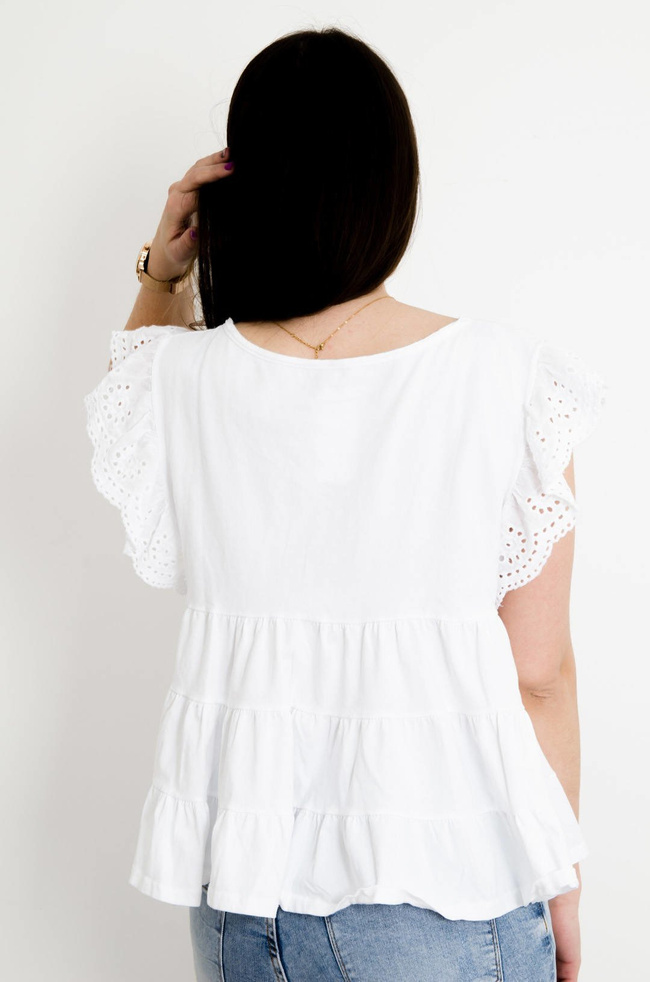 BIAŁA ROZKLOSZOWANA BLUZKA Z AŻUROWYMI RĘKAWAMI