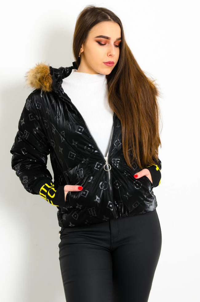 CZARNA PUCHOWA KURTKA WE WZORY LOUIS POŁYSKUJĄCA