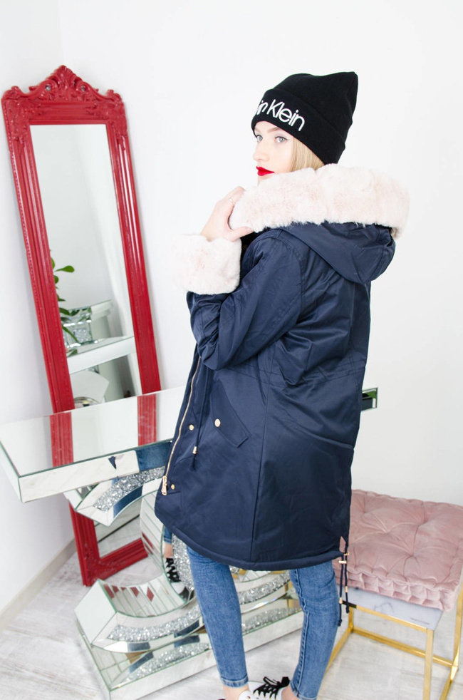 GRANATOWA ZIMOWA KURTKA PARKA Z BEŻOWYM FUTERKIEM-OCIEPLANA